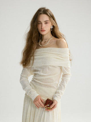 Front view of the SINCETHEN Flora Off-shoulder Top, highlighting the elegant floral neckline and feminine fit.