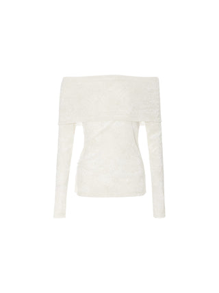 Front view of the SINCETHEN Flora Off-shoulder Top, highlighting the elegant floral neckline and feminine fit.