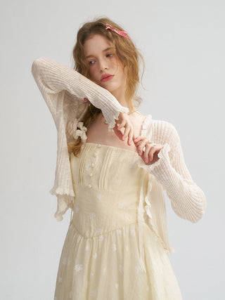 Model wearing the Frill Knit Rib Cardigan with delicate frill details and ribbed texture, perfect for romantic spring and summer looks.