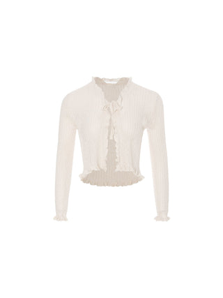 Model wearing the Frill Knit Rib Cardigan with delicate frill details and ribbed texture, perfect for romantic spring and summer looks.