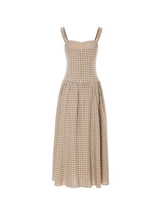 Gingham Check Strap Long Dress Beige