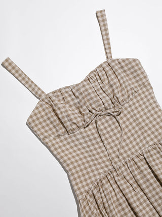 Gingham Check Strap Long Dress Beige