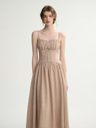 Gingham Check Strap Long Dress Beige