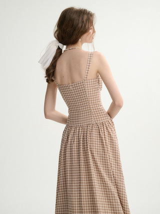 Gingham Check Strap Long Dress Beige