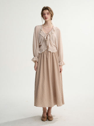 Gingham Check Strap Long Dress Beige