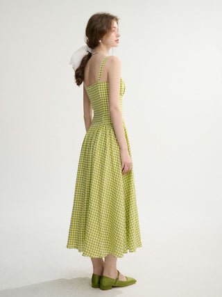 Gingham Check Strap Long Dress Green
