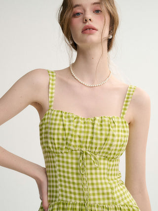 Gingham Check Strap Long Dress Green
