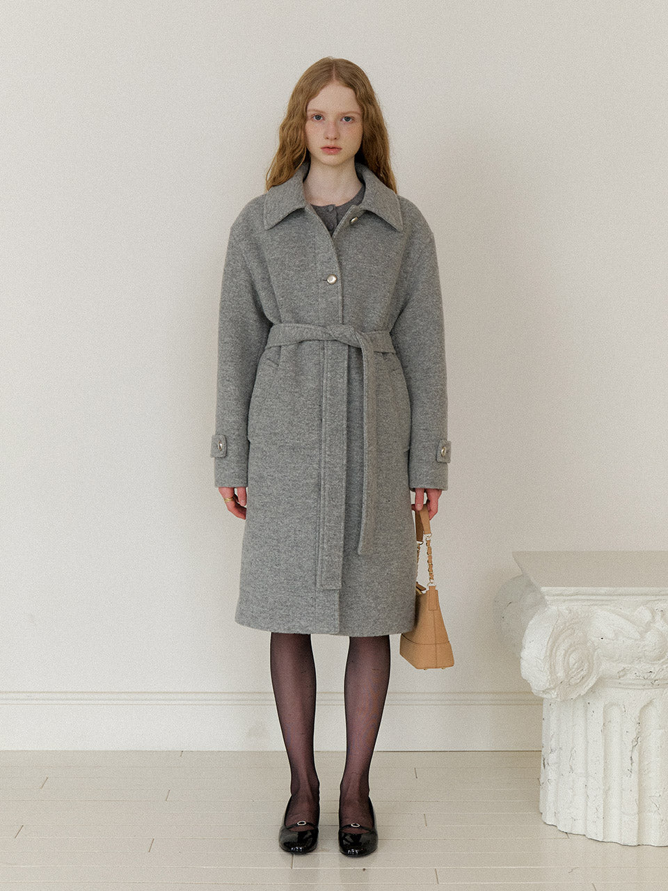 grey wool dress coat Gray Wool A-Line Long Coat with Wrapped Waist