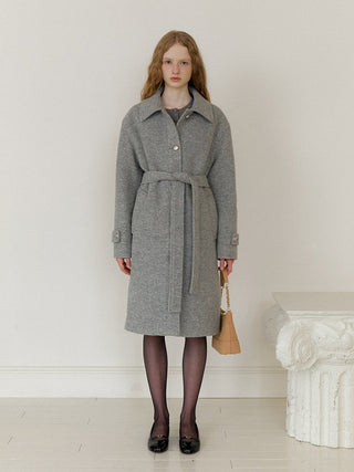 Gray One-Button Wool Coat – belted wool-blend coat with collared neck, button cuffs, and full polyester lining