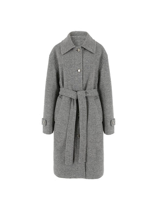 Gray One-Button Wool Coat – belted wool-blend coat with collared neck, button cuffs, and full polyester lining