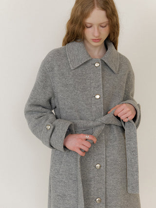 Gray One-Button Wool Coat – belted wool-blend coat with collared neck, button cuffs, and full polyester lining