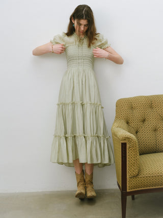 Greenery Smocked Long Skirt with fresh nature-inspired print and tiered layers