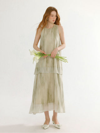 Woman wearing the Greeny halter neck long dress – breezy, relaxed, and perfect for a vacation outfit.