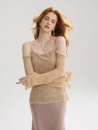 Styled look: honey-beige off-shoulder top with skirt, feminine outfit