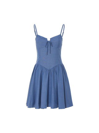 Indigo sleeveless mini dress with square neckline and flared hem, perfect for a breezy summer outfit