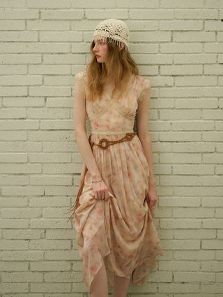 Model wearing Jeriana V-Neck Long Dress – romantic white summer maxi