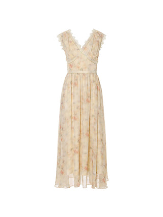 Front view of V-neck dress with gathered bust and flutter sleeves