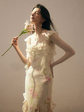 La Vie en Floret Long Dress — front view showing adjustable straps and ruffle trim
