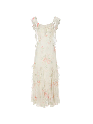 La Vie en Floret Long Dress — front view showing adjustable straps and ruffle trim