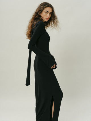 Lace Cut-Off Long Dress with delicate lace details and an elegant silhouette, perfect for special occasions and date nights.