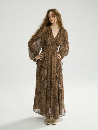 leopard ruffle maxi dress Women's Wild Ruffle Maxi Dress in Brown/Black | Size Small