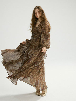 Leopard Rose Ruffle Maxi Dress