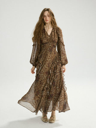 Leopard Rose Ruffle Maxi Dress