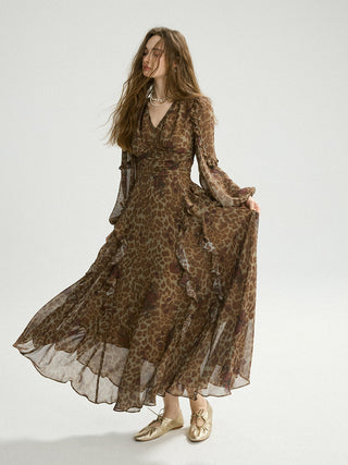 Leopard Rose Ruffle Maxi Dress