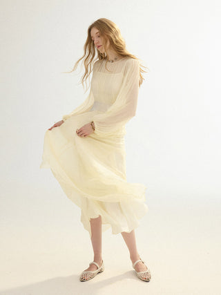 Front view of the SINCETHEN Linkle Satin Contrast Maxi Dress, showcasing the shimmering satin fabric and elegant contrast details.