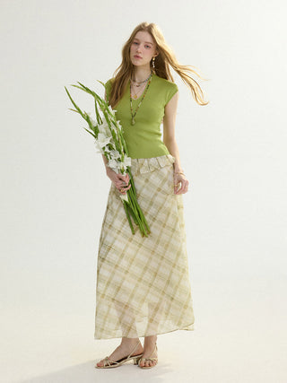 Olive Check Peplum Maxi Skirt