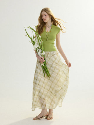 Olive Check Peplum Maxi Skirt