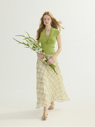 Olive Check Peplum Maxi Skirt