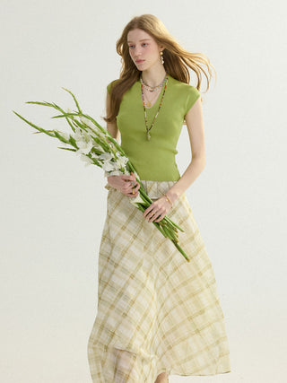 Olive Check Peplum Maxi Skirt