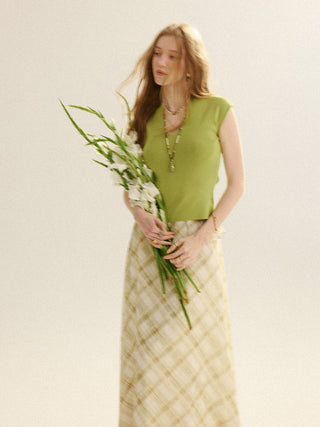 Olive Check Peplum Maxi Skirt