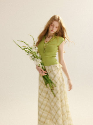 Olive Check Peplum Maxi Skirt