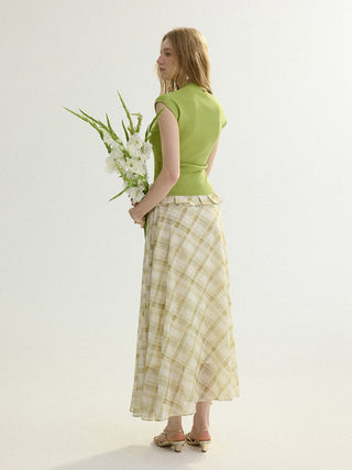 Olive Check Peplum Maxi Skirt