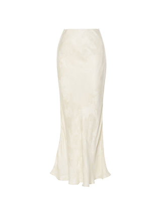 Model wearing the Opaline Jacquard Long Skirt, a floral viscose long skirt with covered elastic waistband and full lining for an elegant dressed-up look – SINCETHEN.