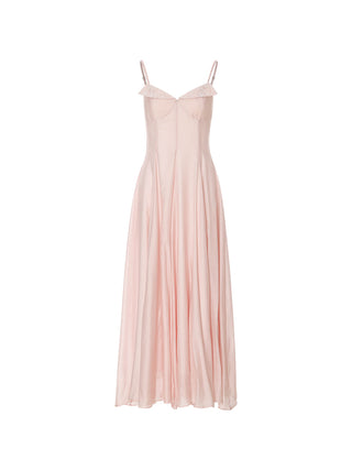 A model wearing the SINCETHEN Pink Haze Maxi Dress, highlighting its elegant flowing silhouette and soft pink color.
