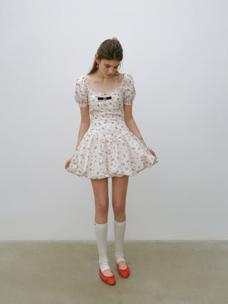 Pop Flower Balloon Mini Dress with vibrant floral print and voluminous sleeves