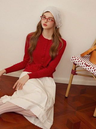 Red Wool Knit Cardigan – deep-red crew-neck wool blend with ribbed trims and button front