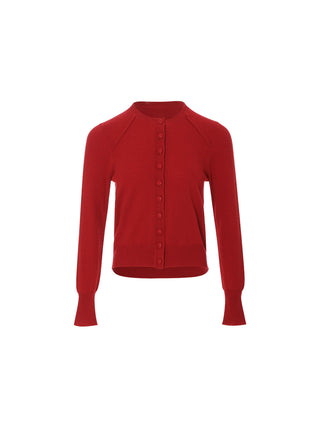 Red Wool Knit Cardigan – deep-red crew-neck wool blend with ribbed trims and button front