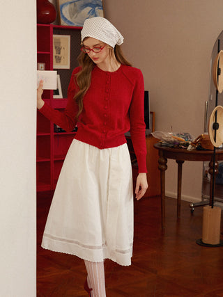 Red Wool Knit Cardigan – deep-red crew-neck wool blend with ribbed trims and button front