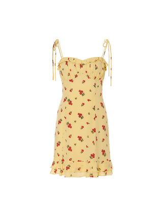 Model wearing Rose Butter Strap Mini Dress with ribbon shoulder ties – perfect for a sweet summer look