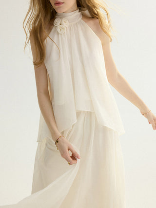 Front view of the SINCETHEN Rosette Halter Blouse, showcasing the elegant halter neck and rose detail.