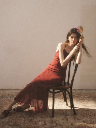 Rouge Noir Long Dress — full front view showcasing deep-red silhouette