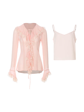 Front view of the SINCETHEN Rubiel Lace Blouse Set, showcasing the romantic lace embroidery and refined design.