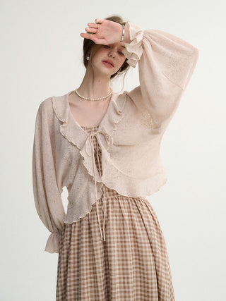 Ruffle Ribbon Knit Cardigan Beige