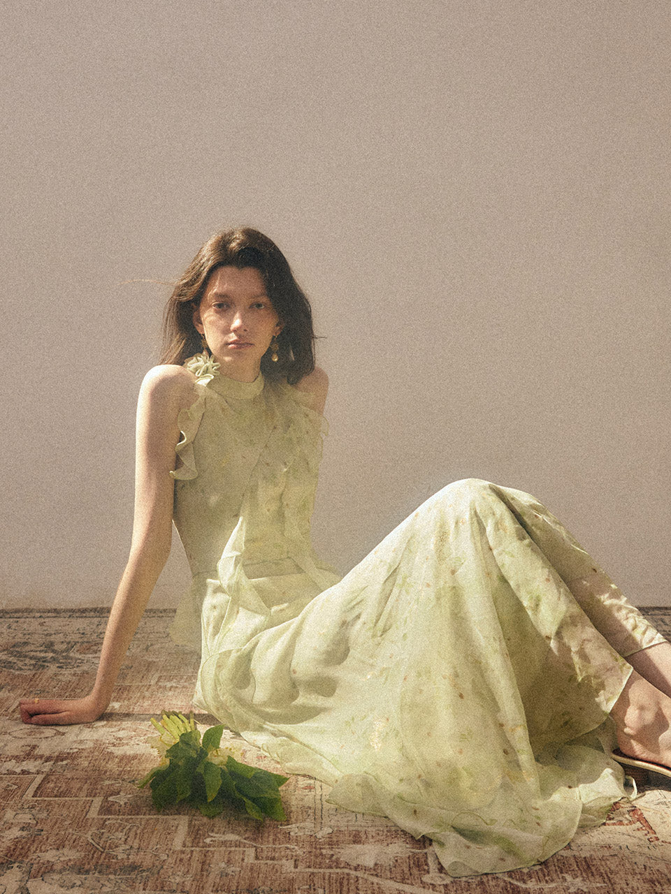 Sage Halterneck Long Dress | Summer Halter Dress with Ruffle & Rosette L Sage Halterneck Long Dress | Summer Halter Dress with Ruffle & Rosette L