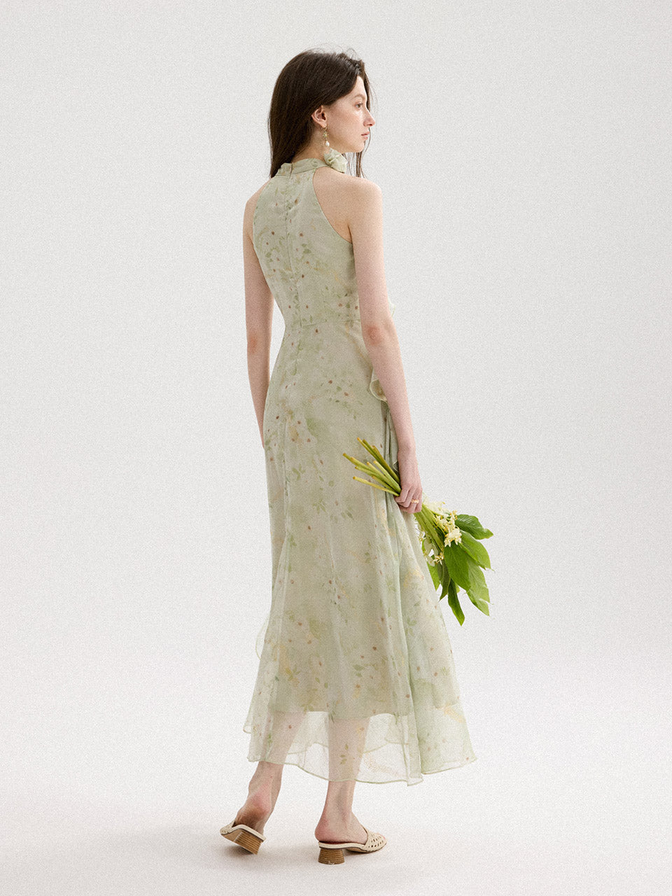 Sage Halterneck Long Dress | Summer Halter Dress with Ruffle & Rosette L Sage Halterneck Long Dress | Summer Halter Dress with Ruffle & Rosette L