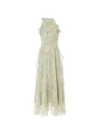 Sage Halterneck Long Dress — front view showing halterneck, ruffle trim, and rosette accent